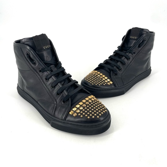 GUCCI Authentic Classic Black Leather Gold Studded High Top Lace Up Sneaker Shoe - Picture 1 of 9